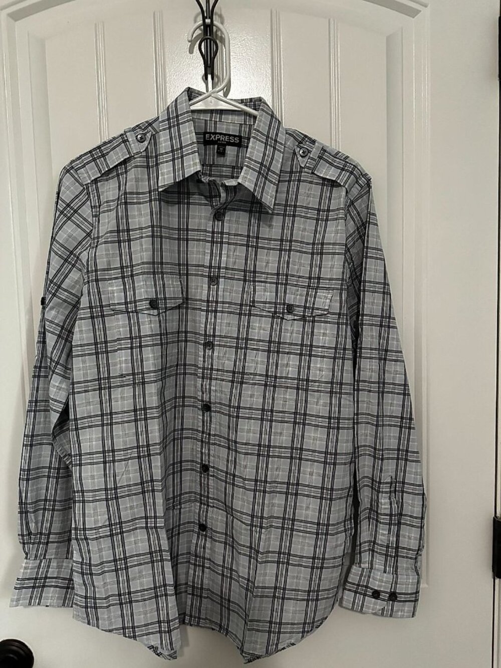 Express Fitted Men's Long Sleeve Plaid Button-Up Shirt Size M Light Blue Navy